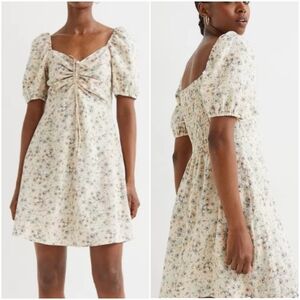 H&M Linen Blend Beige Floral Coastal Puff Sleeve A-line Mini Dress Size Small